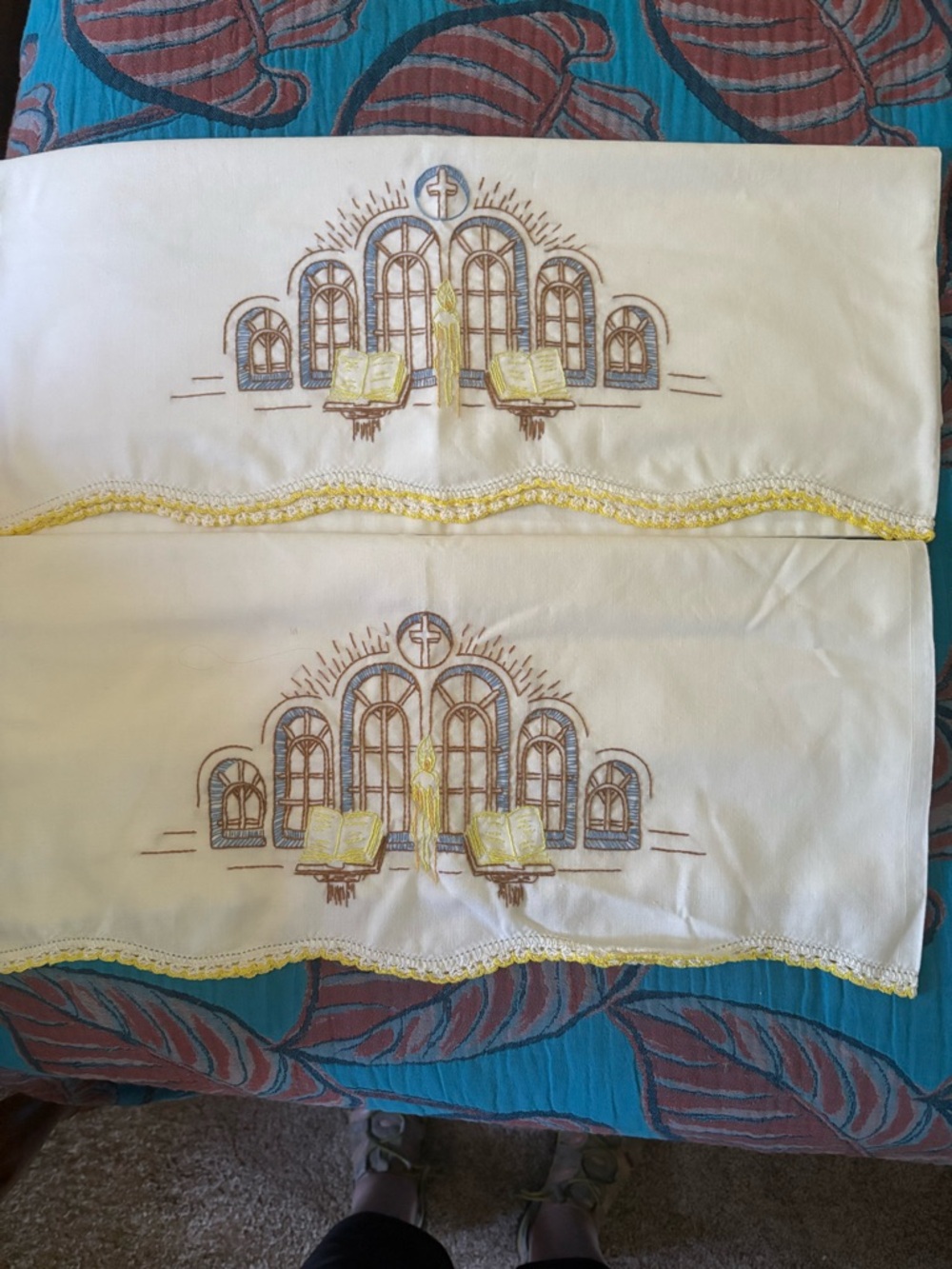 Vintage RELIGIOUS Pillow Case Pair Feedsack Embroidered Standard Sz Cross Altar